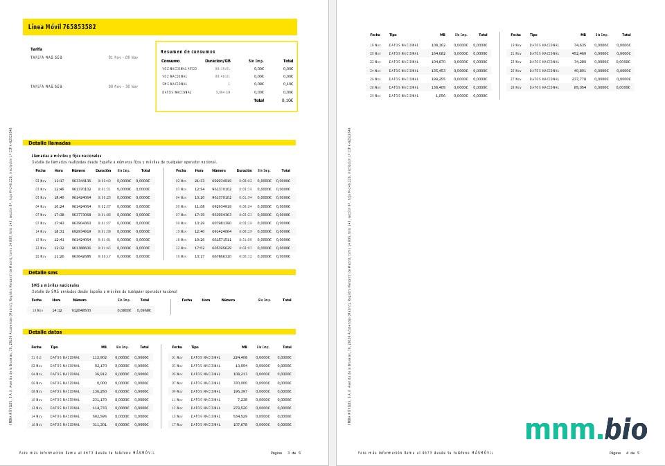 Hiszpania Masmovil internet i mobile rachunek za media Word i PDF formaty, 5 stron.